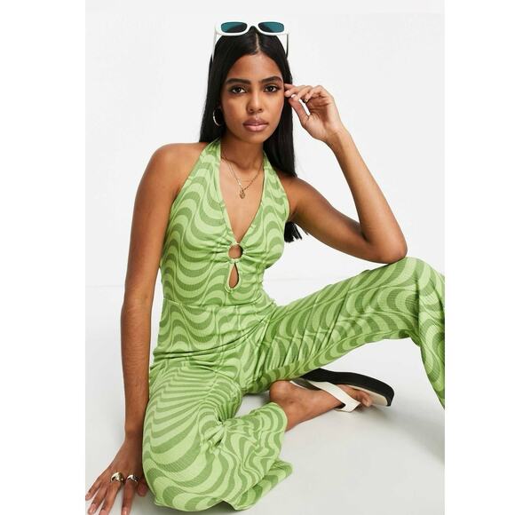 Wednesday's Girl Green Halter Retro Sleeveless Striped Flare Jumpsuit Size S - Picture 1 of 8